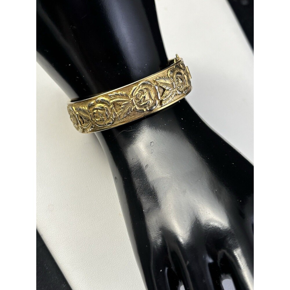 Antique 34.55 Grams Gold Filled Etched Floral Hinged Bracelet Tested Gold Filled
